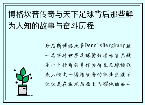 博格坎普传奇与天下足球背后那些鲜为人知的故事与奋斗历程
